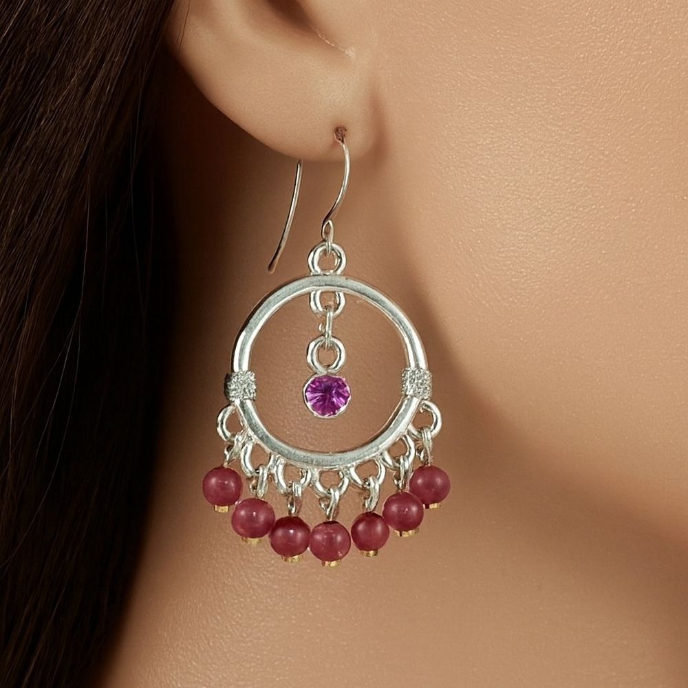 Women's Silver & Pink Earrings  - Dangling Beads, Sparkling Crystal Drop Jewelry